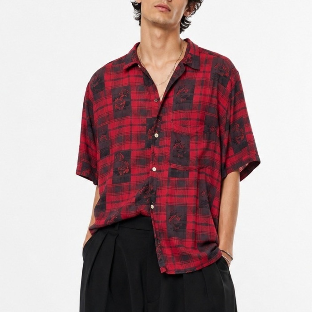 AllSaints Fritillaria Grunge Red Black Plaid Rose Floral Relaxed Fit Shirt XXL